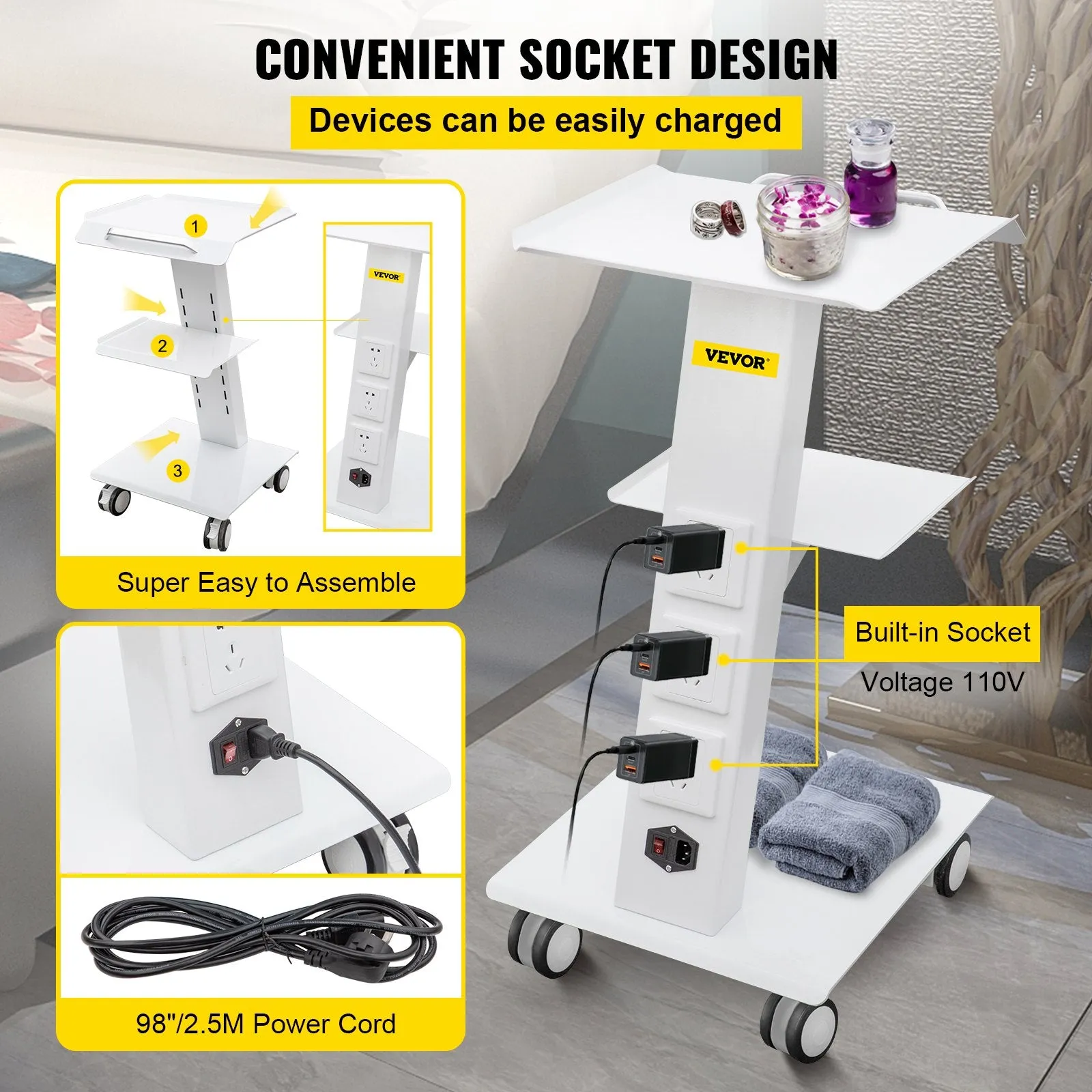 Vevor Lab Cart with Built-In Socket 3-Layer Steel Frame Rolling Trolley 88 Lbs Capacity 360° Swivel Casters New