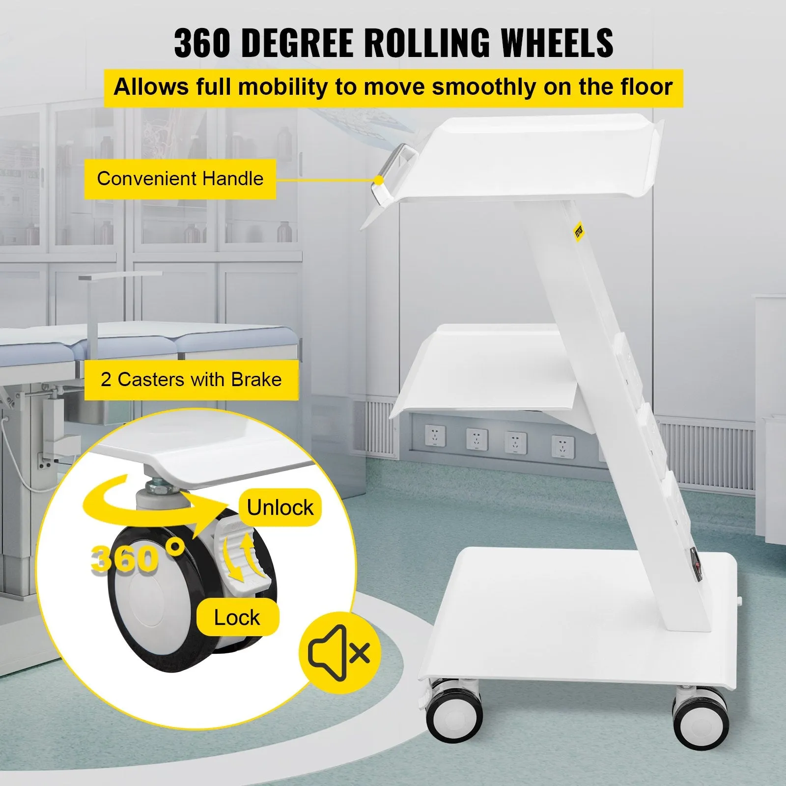 Vevor Lab Cart with Built-In Socket 3-Layer Steel Frame Rolling Trolley 88 Lbs Capacity 360° Swivel Casters New