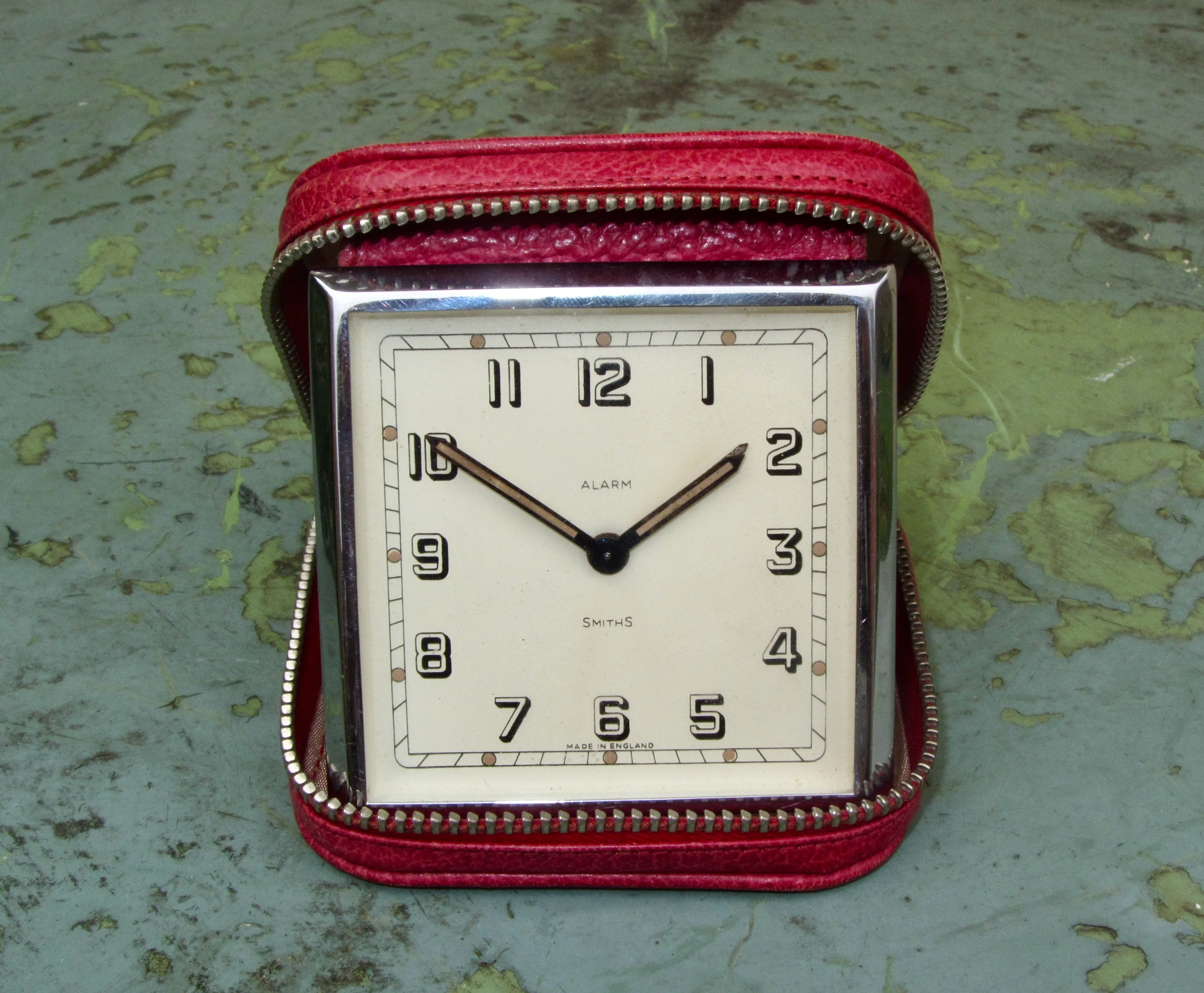 Vintage Smiths Travel Alarm Clock In A Zippered Red Leather Case