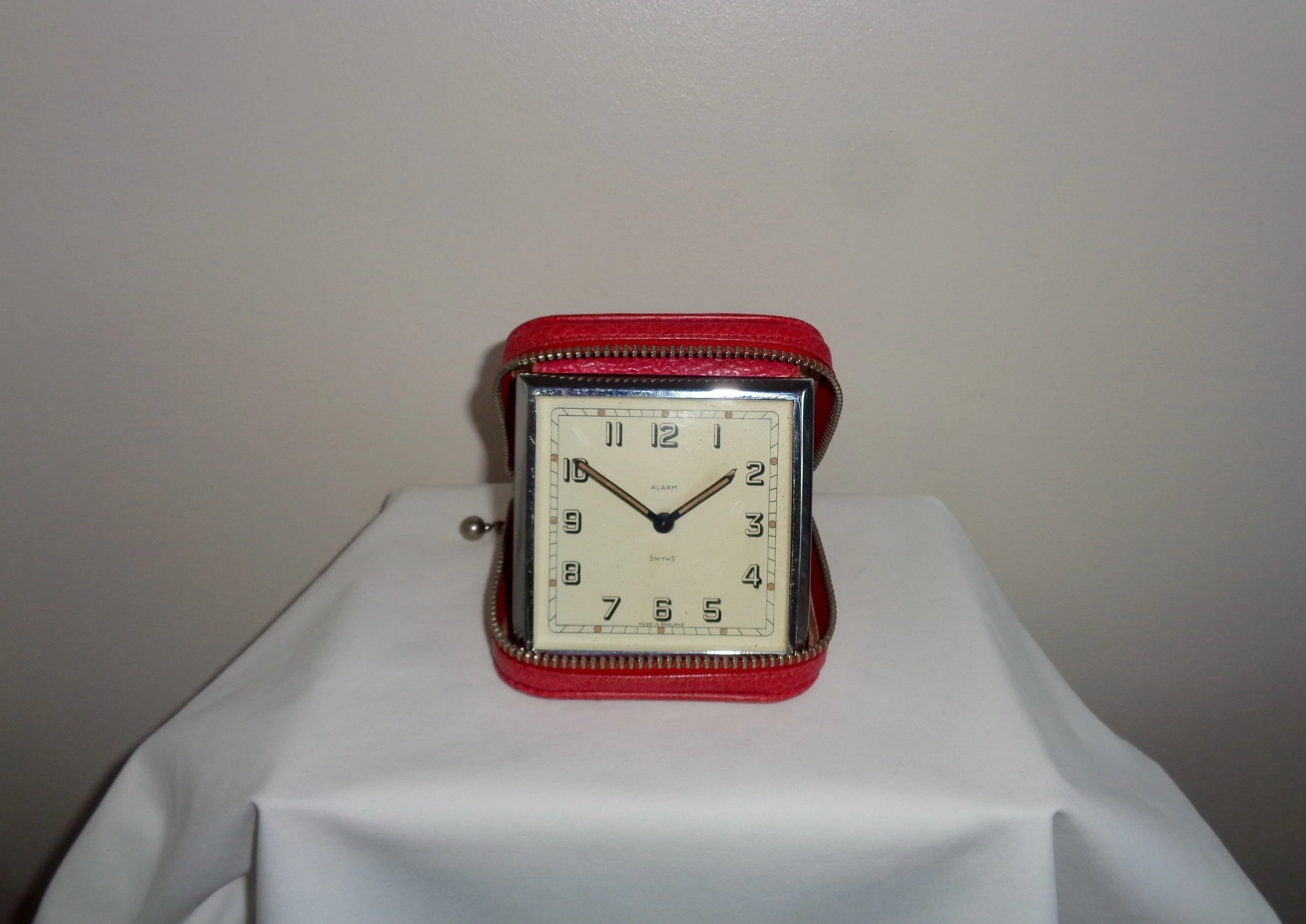 Vintage Smiths Travel Alarm Clock In A Zippered Red Leather Case