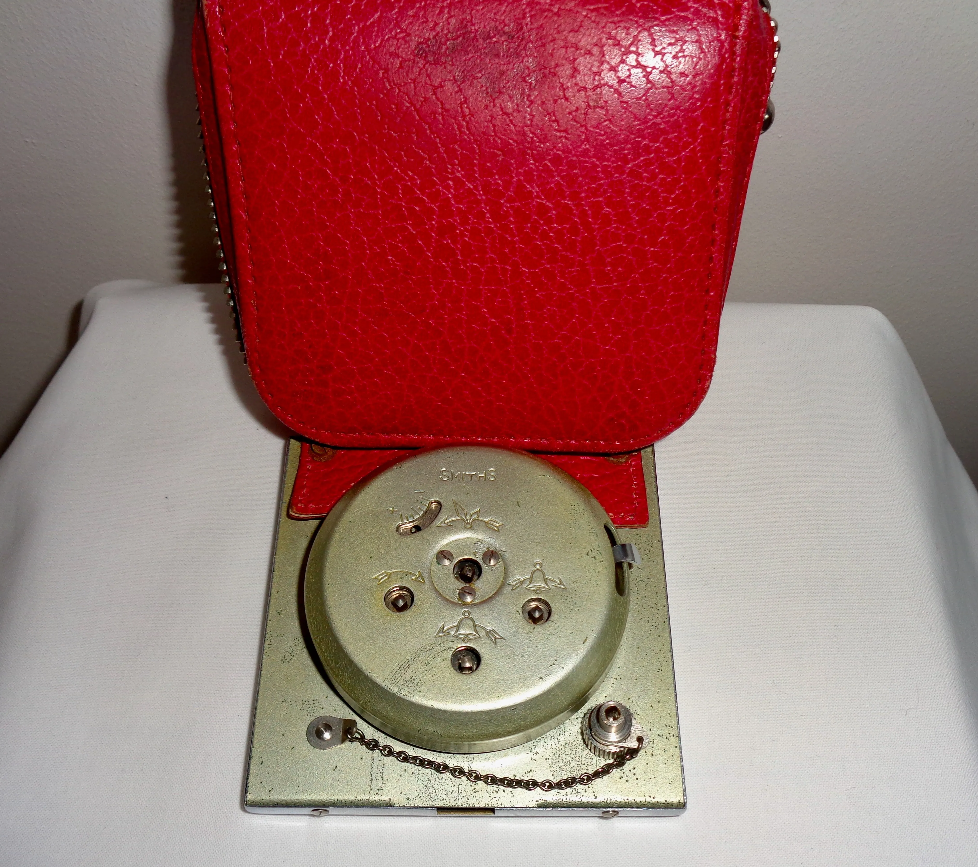 Vintage Smiths Travel Alarm Clock In A Zippered Red Leather Case