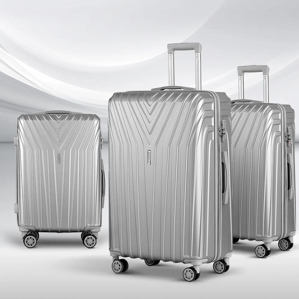 Wanderlite 3pc Luggage Trolley Set Suitcase Travel TSA Hard Case Carry On Silver Lightweight